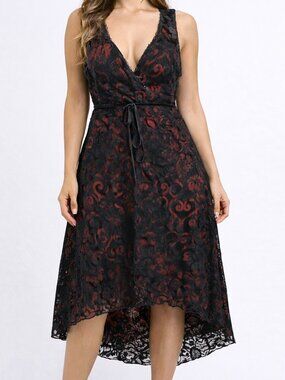 Bebe Black Red Lace Hi Lo Dress M Sleeveless V Neck Tie Waist Made USA Goth Y2K